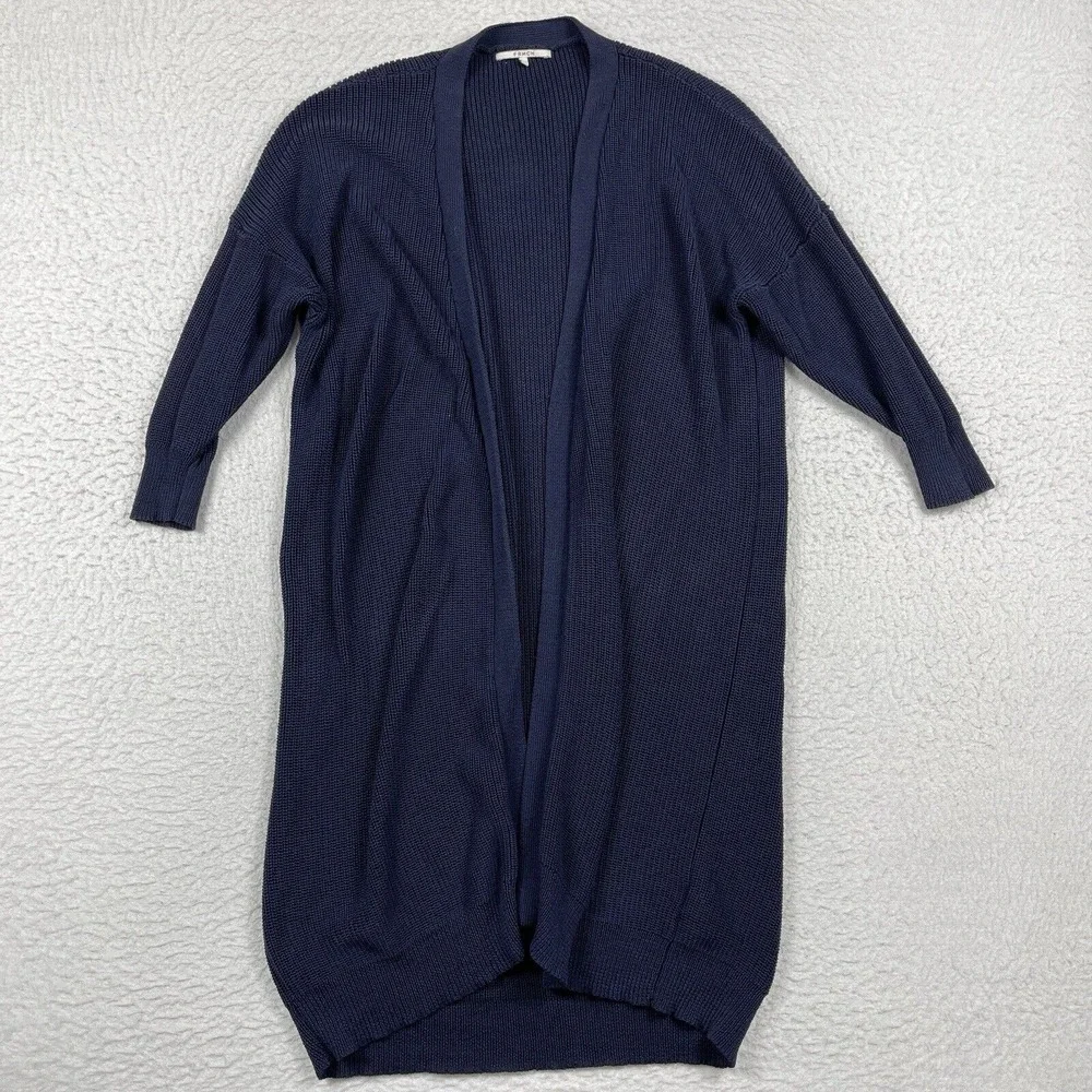 FRNCH Sweater Womens‎ M/L Navy Open Front Knit Cardigan 3/4 Sleeve Minimalist - Picture 2 of 10